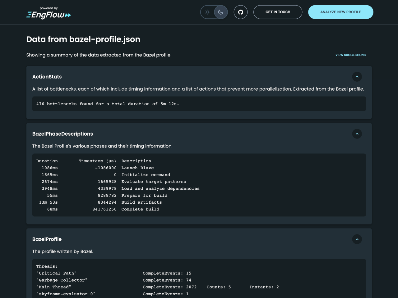 Bazel Invocation Analyzer Web UI: View data extracted (dark mode)