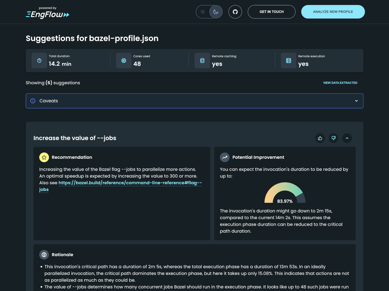 Bazel Invocation Analyzer Web UI: View suggestions (dark mode)