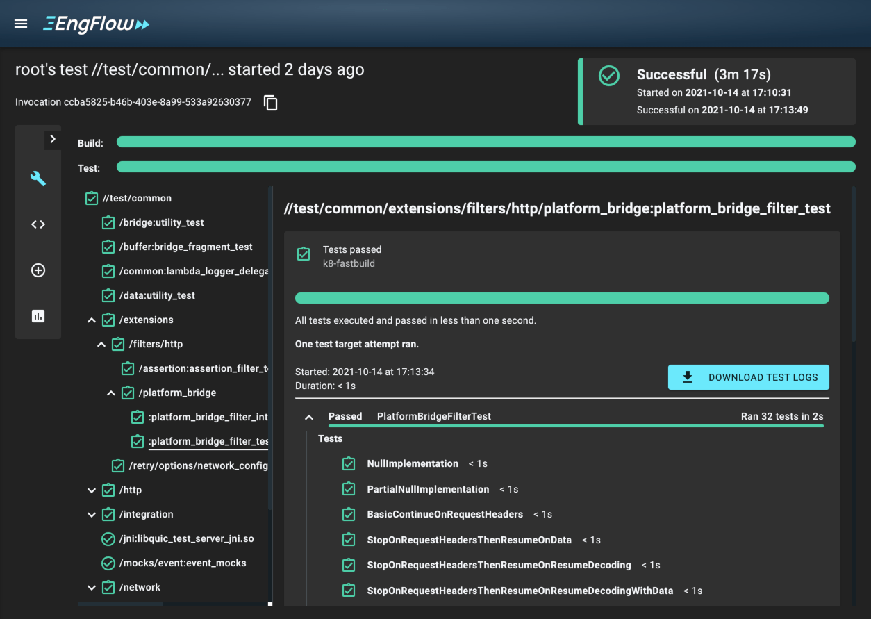 Screenshot showing the EngFlow Build and Test UI