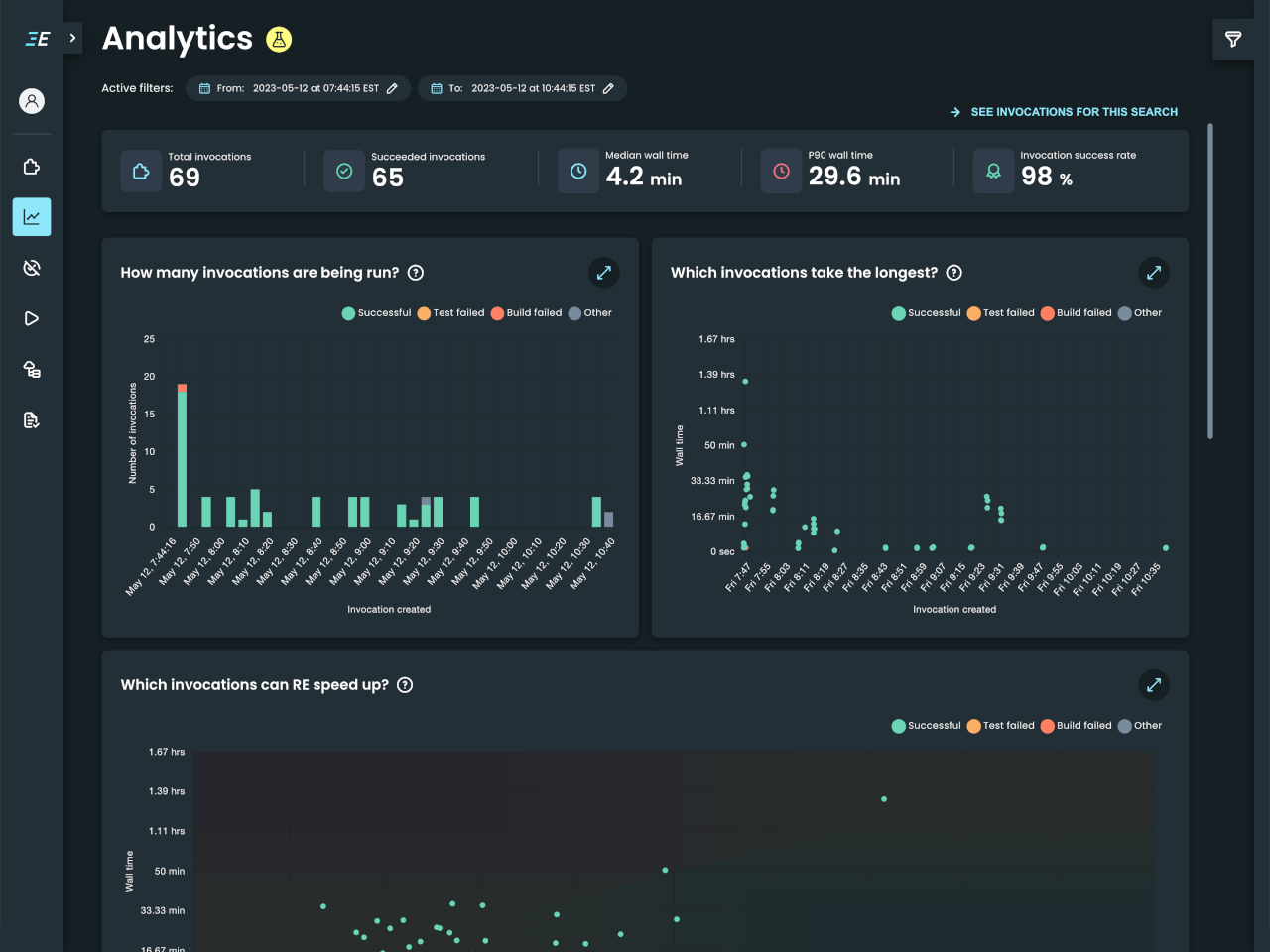 Build and Test UI: Cross-invocation analytics (dark mode)