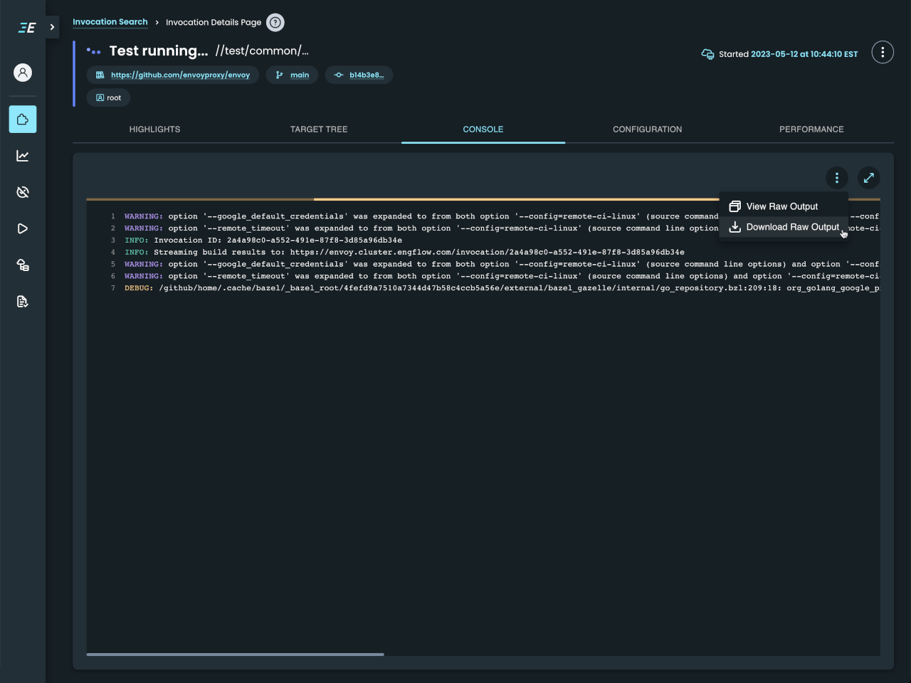 Build and Test UI: Live-streamed console output for an invocation (dark mode)