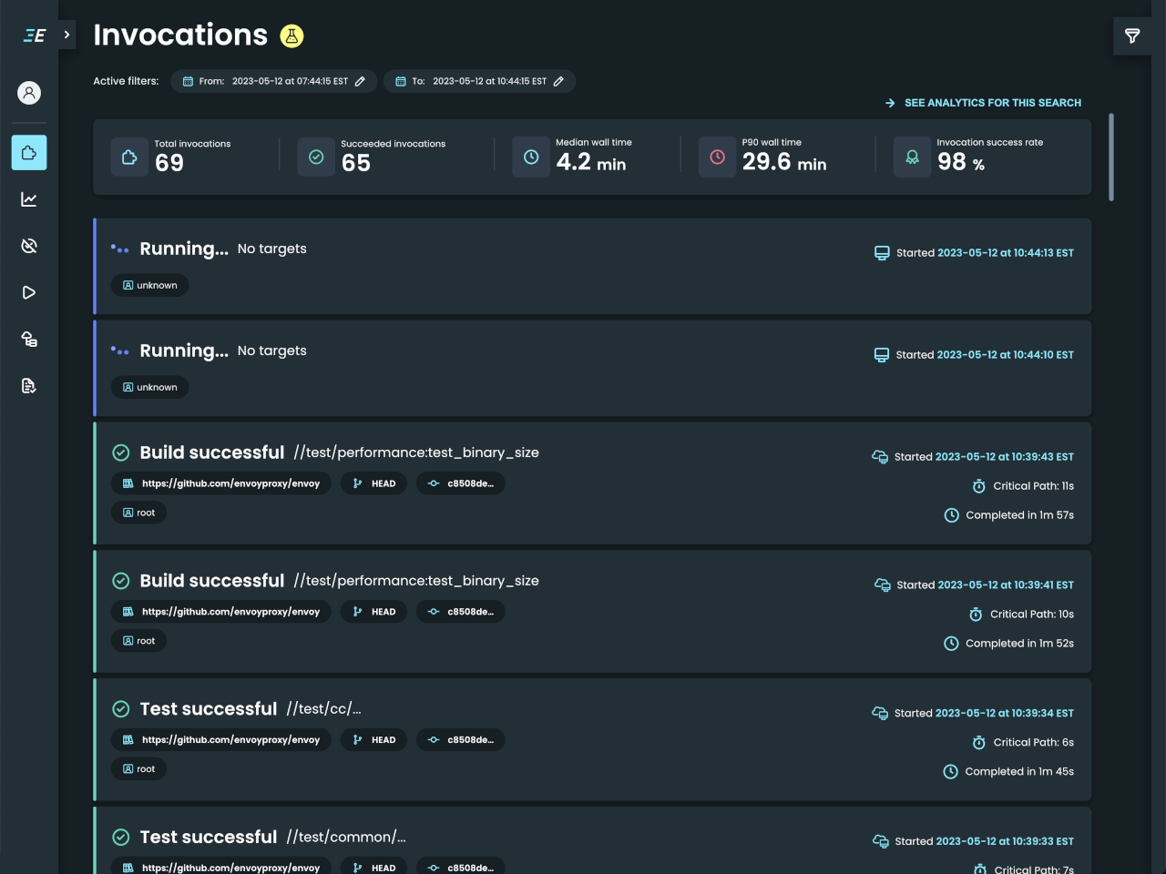 Build and Test UI: Invocation Search (dark mode)