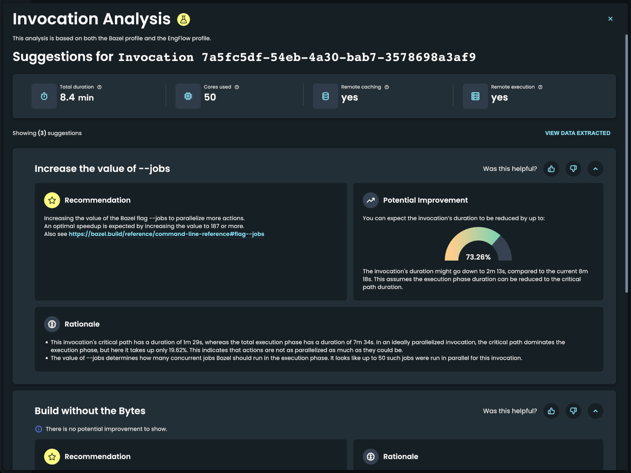 Build and Test UI: Analysis of an invocation (dark mode)