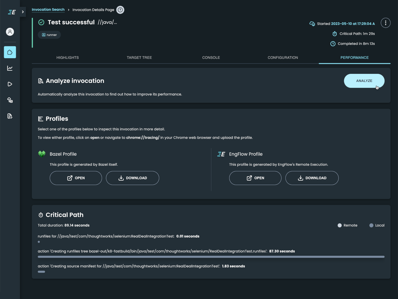 Build and Test UI: Performance for an invocation (dark mode)