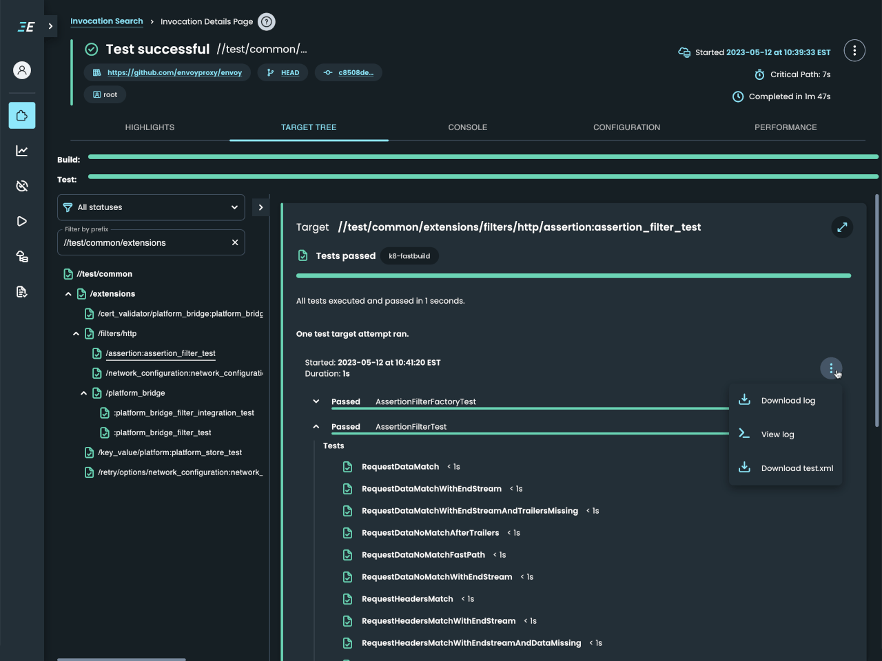 Build and Test UI: Invocation targets organized in a target tree (dark mode)