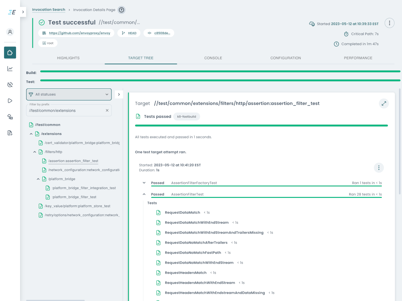 Build and Test UI: Invocation targets organized in a target tree (light mode)